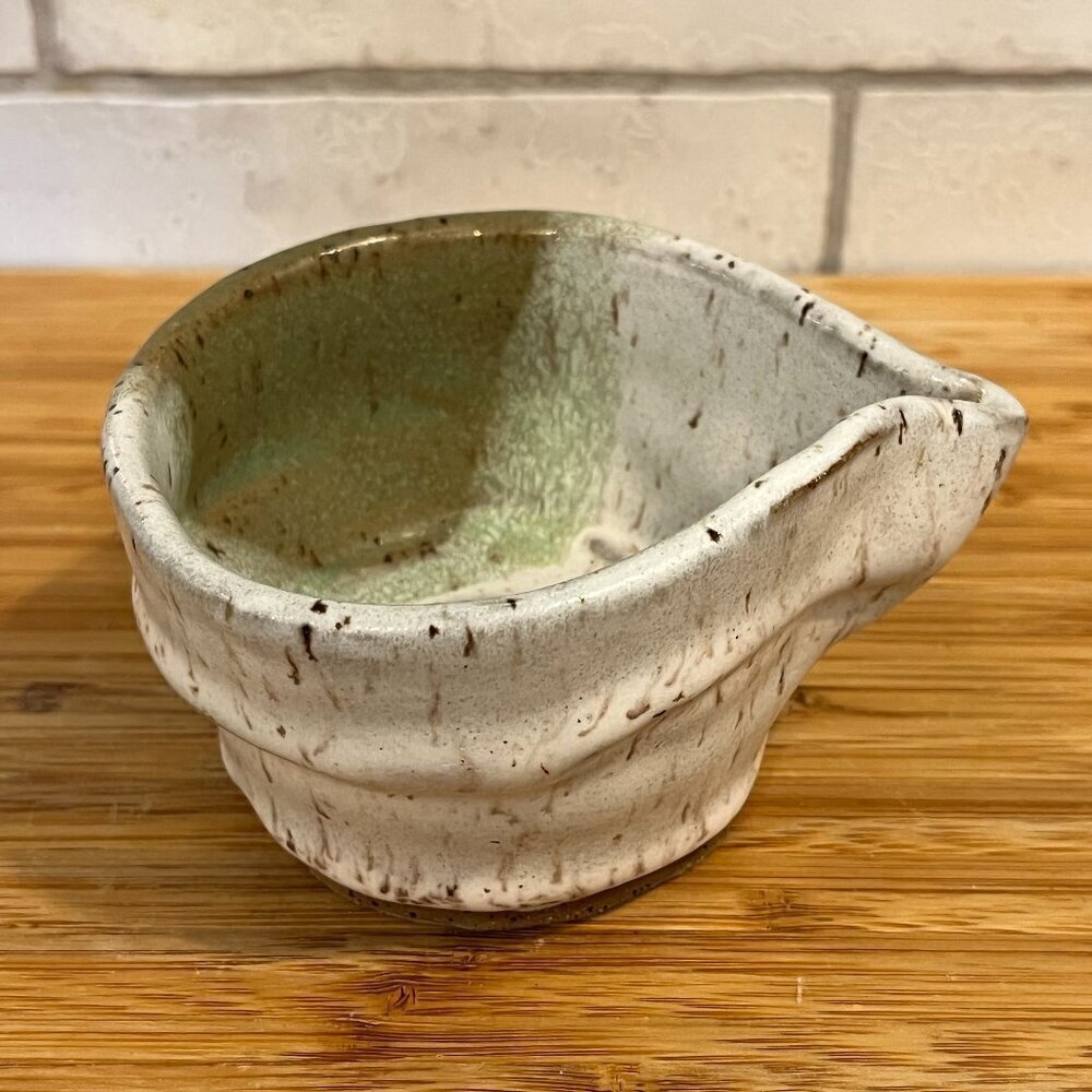 Handmade Art Pottery Bowl Freeform Pouring Bowl Brown Cream Green Speckle Spout